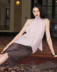 0122stepll Sheer Checkered Mesh Midi Skirt