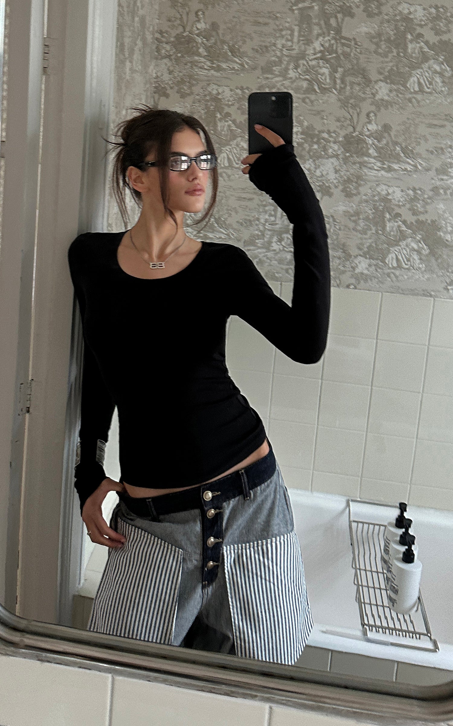 0122stepll Contrast Panel Wide Leg Denim Pants
