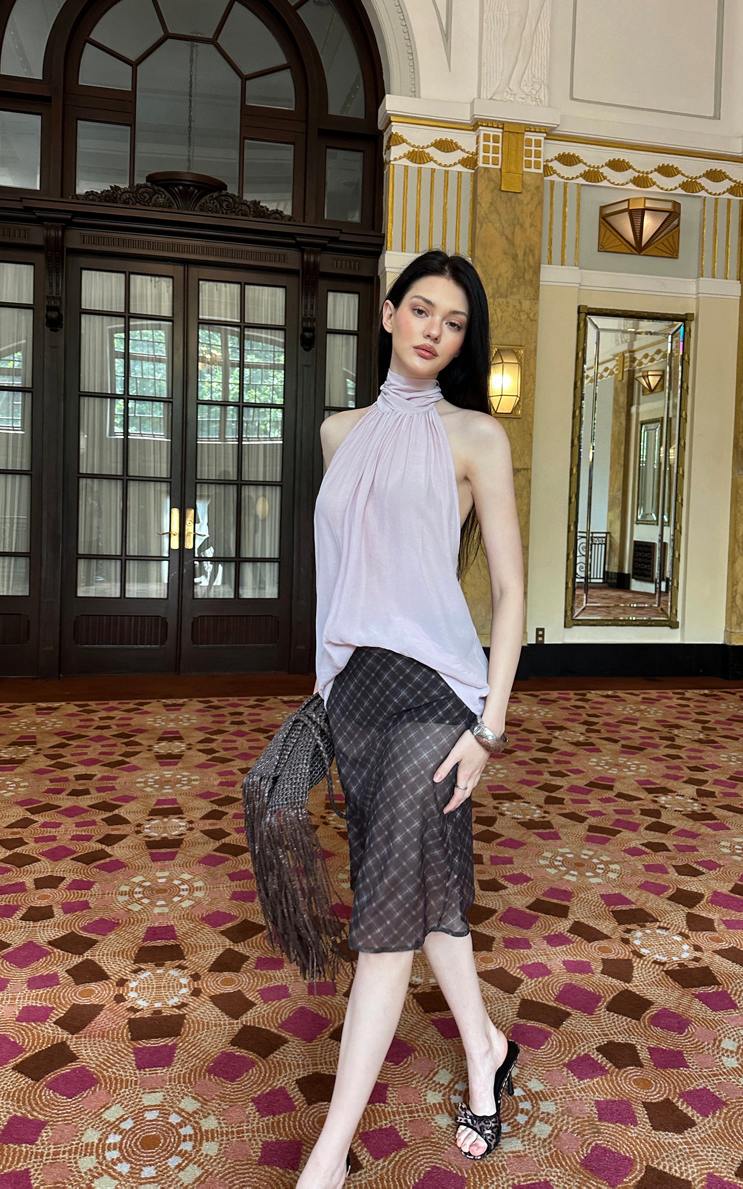 0122stepll Sheer Checkered Mesh Midi Skirt