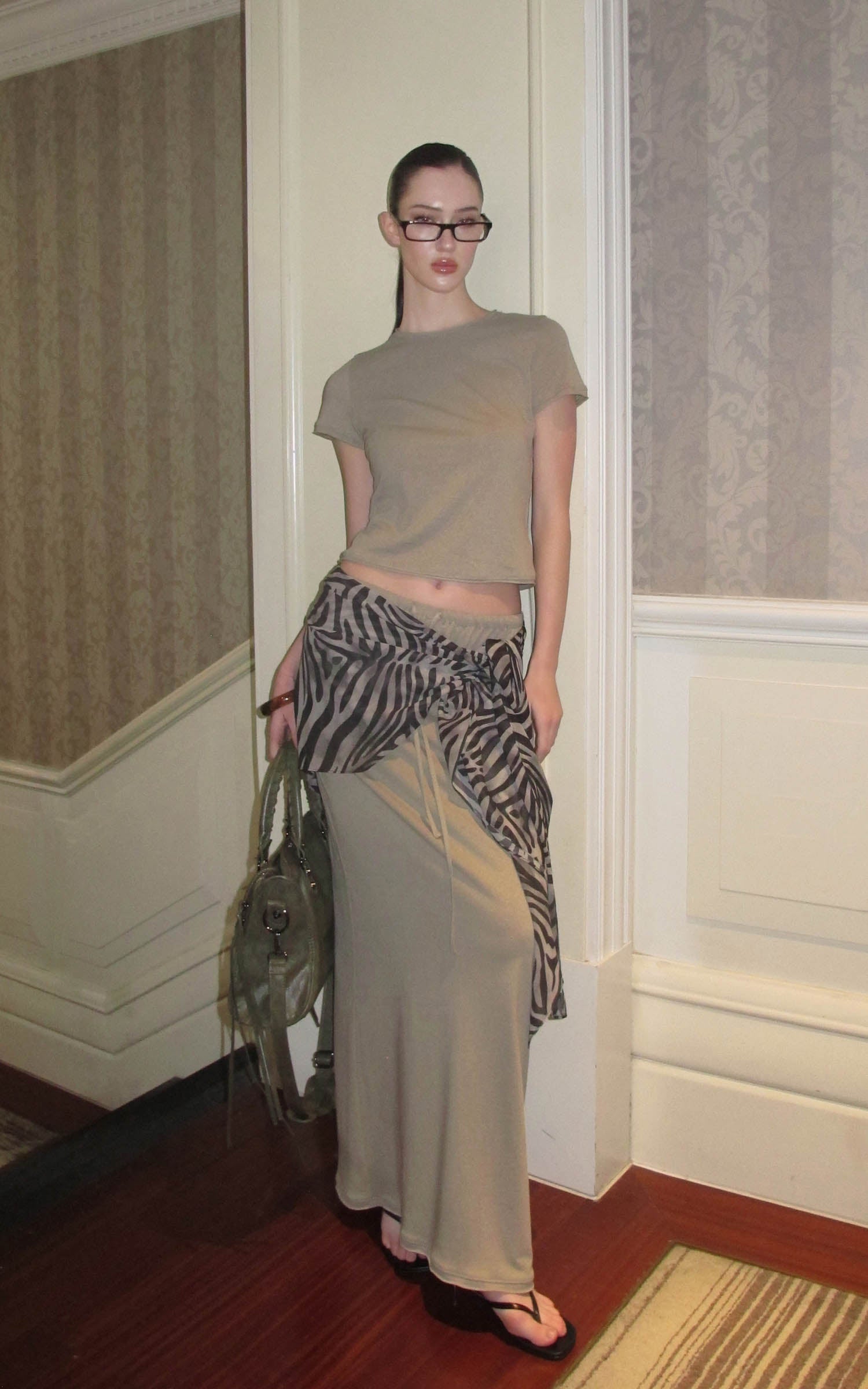 0122STEPLL Sheer Zebra Layered Low-Rise Maxi Skirt Three-Piece Set