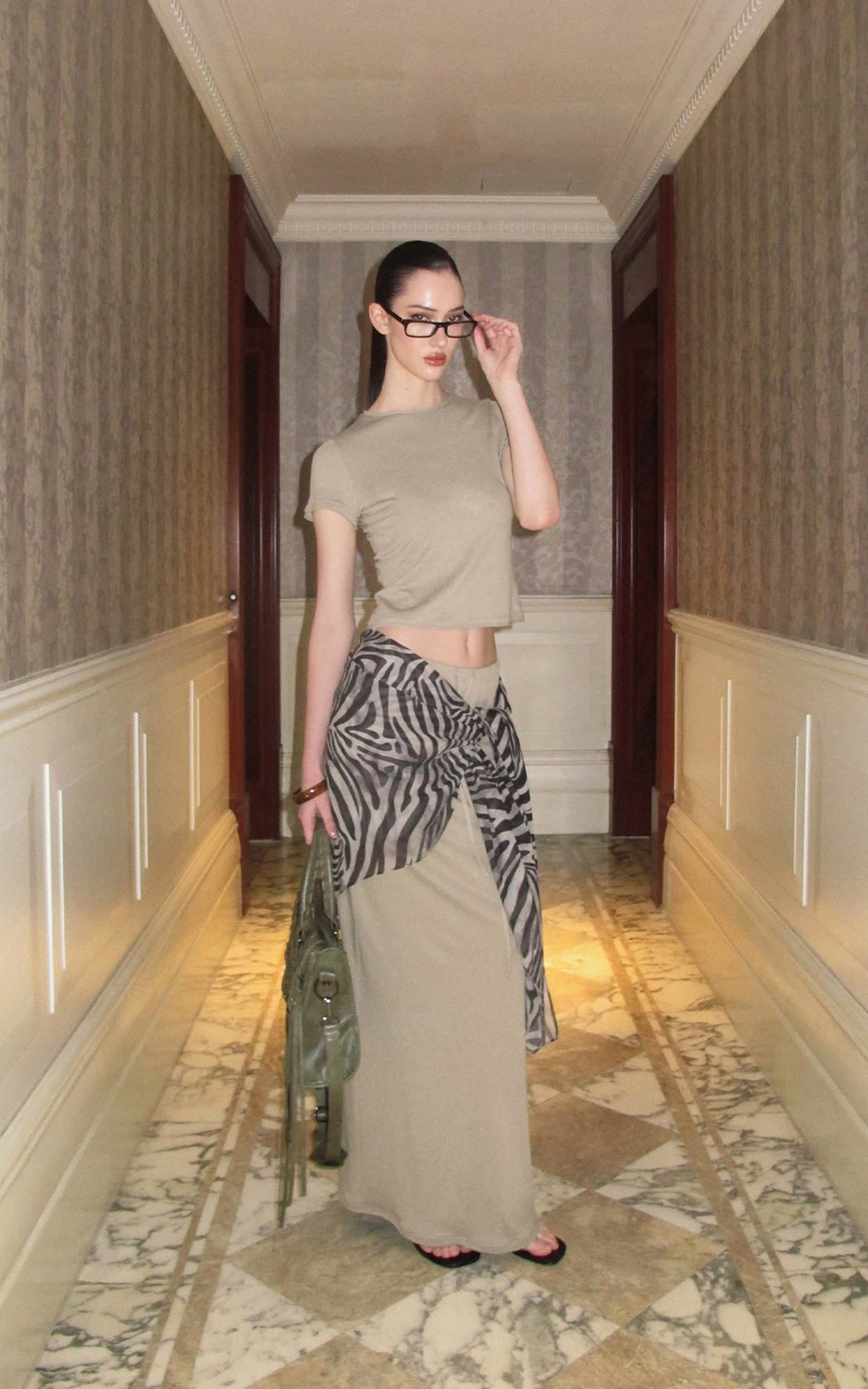 0122STEPLL Sheer Zebra Layered Low-Rise Maxi Skirt Three-Piece Set