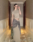 0122STEPLL Sheer Zebra Layered Low-Rise Maxi Skirt Three-Piece Set