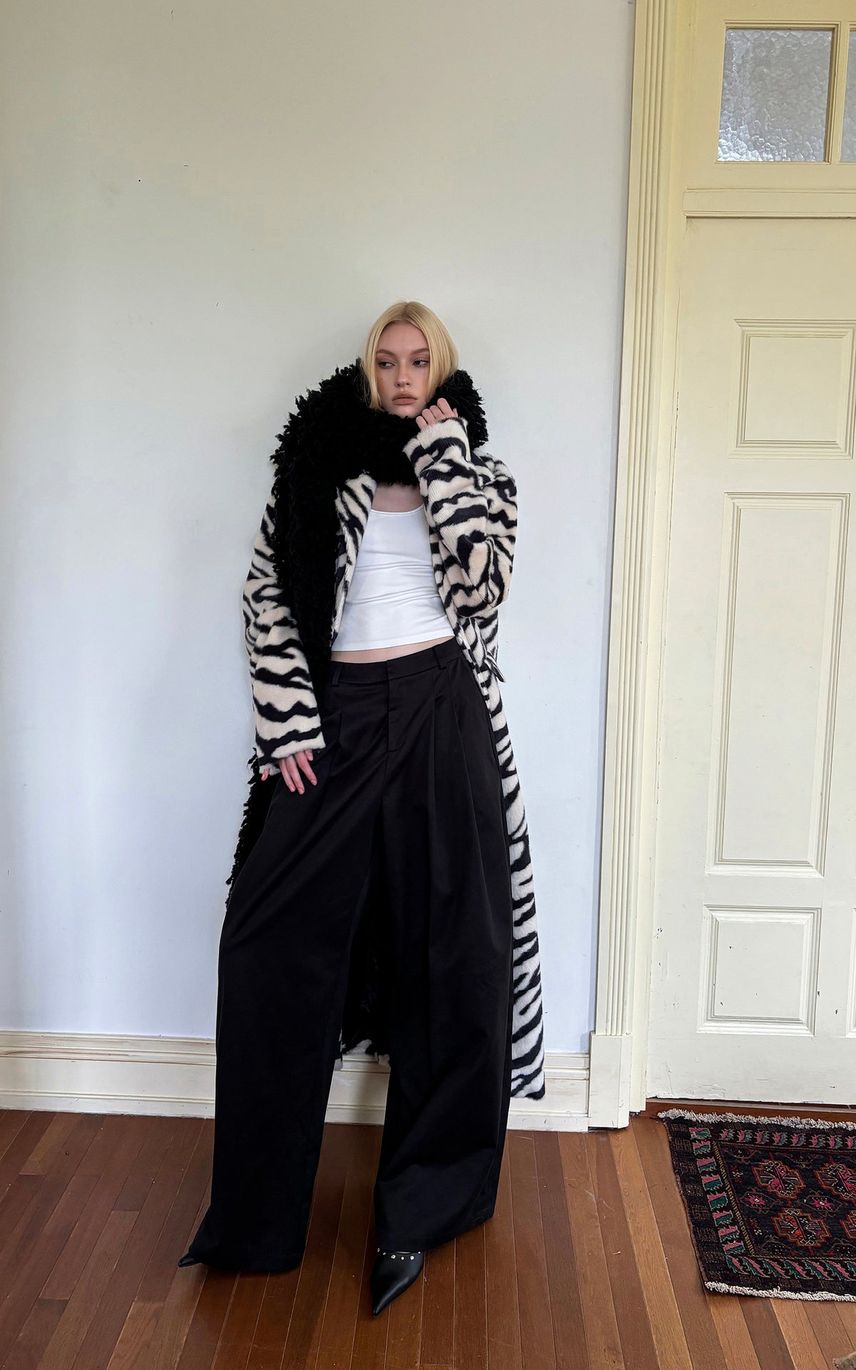 0122stepll Zebra Faux Fur Long Coat