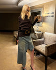 0122stepll Deconstructed Asymmetric Denim Midi Skirt