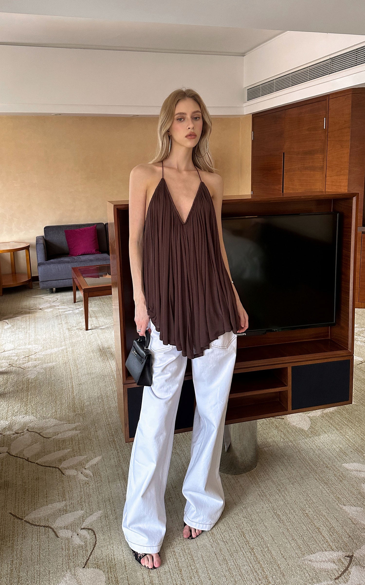 0122stepll Pleated Halter Draped Camisole Top