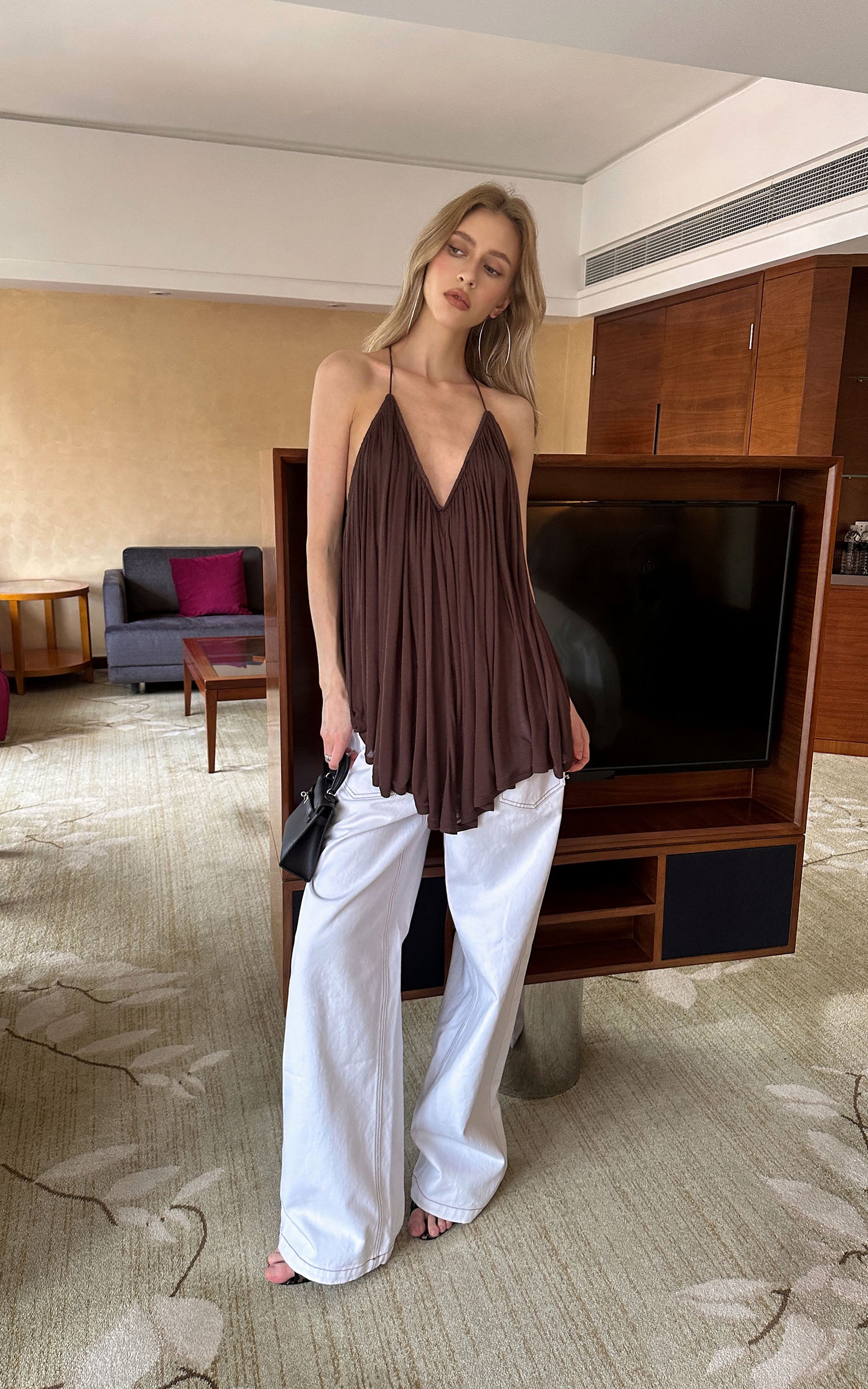 0122stepll Pleated Halter Draped Camisole Top