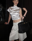 0122stepll Pleated Wide-Leg Capri Pants