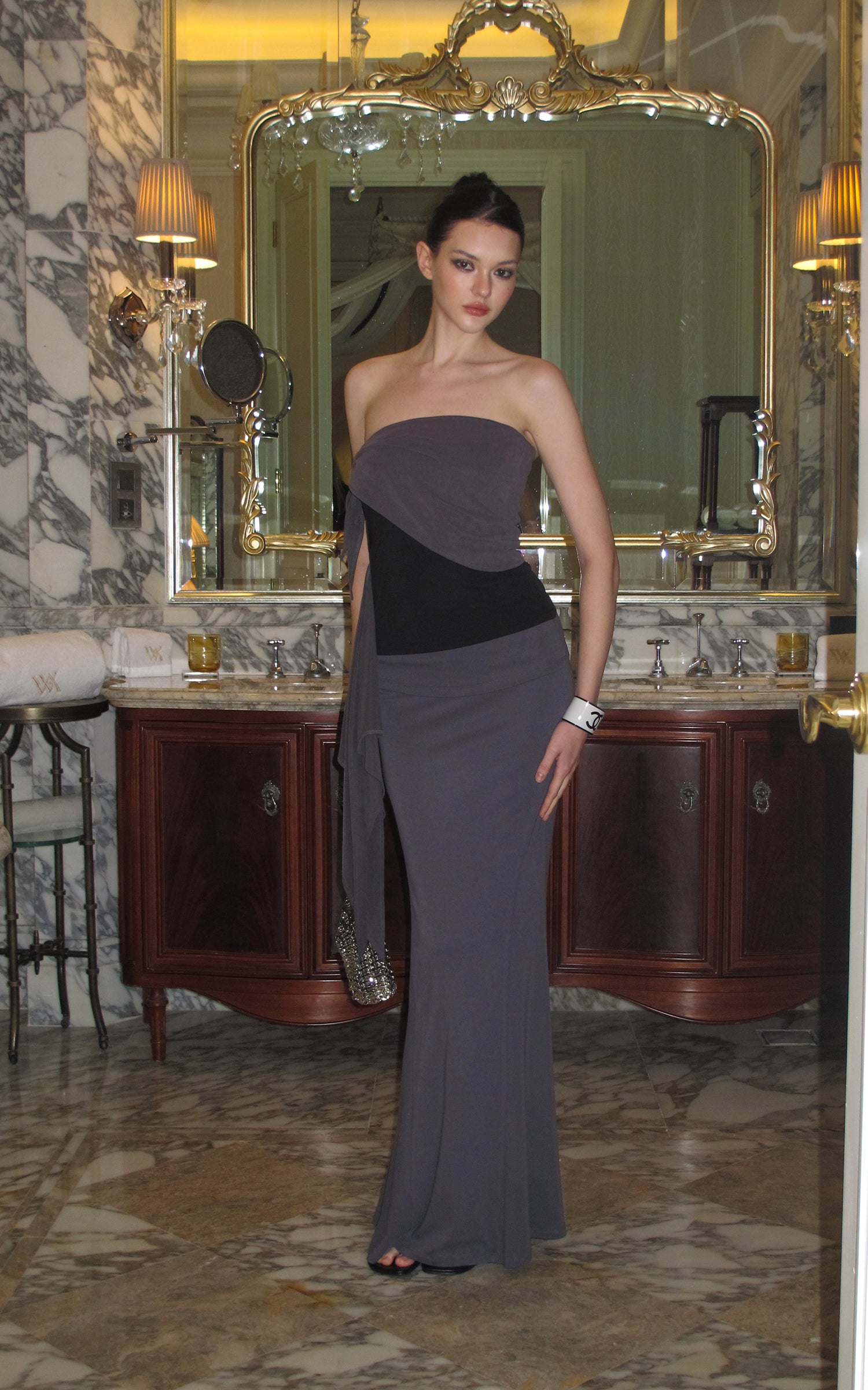 0122stepll Ensemble haut tube drapé asymétrique &amp; jupe longue