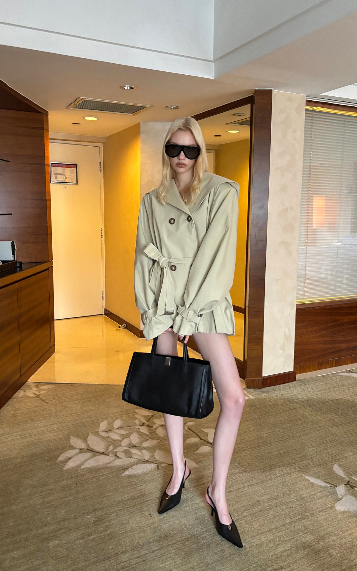 0122stepll Hooded Belted Trench Jacket