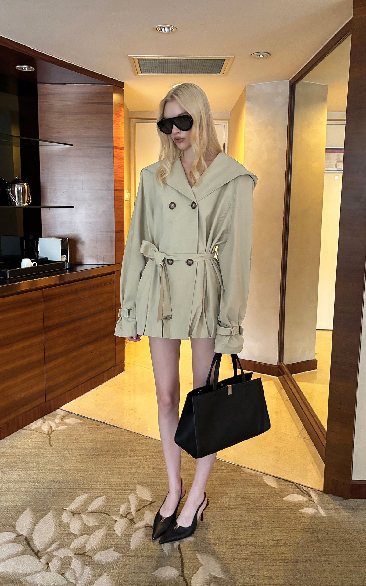 0122stepll Hooded Belted Trench Jacket