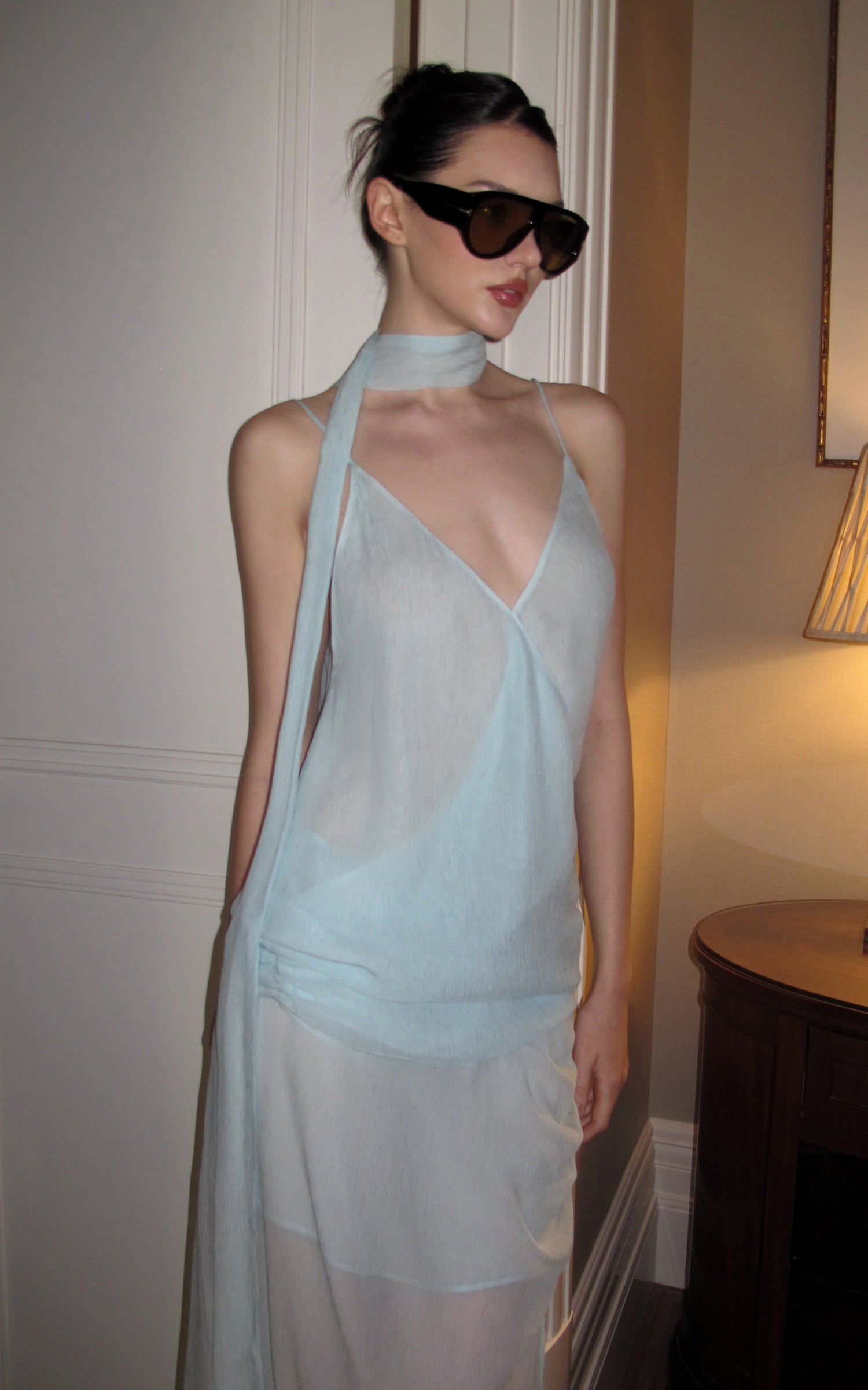 0122stepll Draped Halter Cami Top &amp; Midi Skirt Set