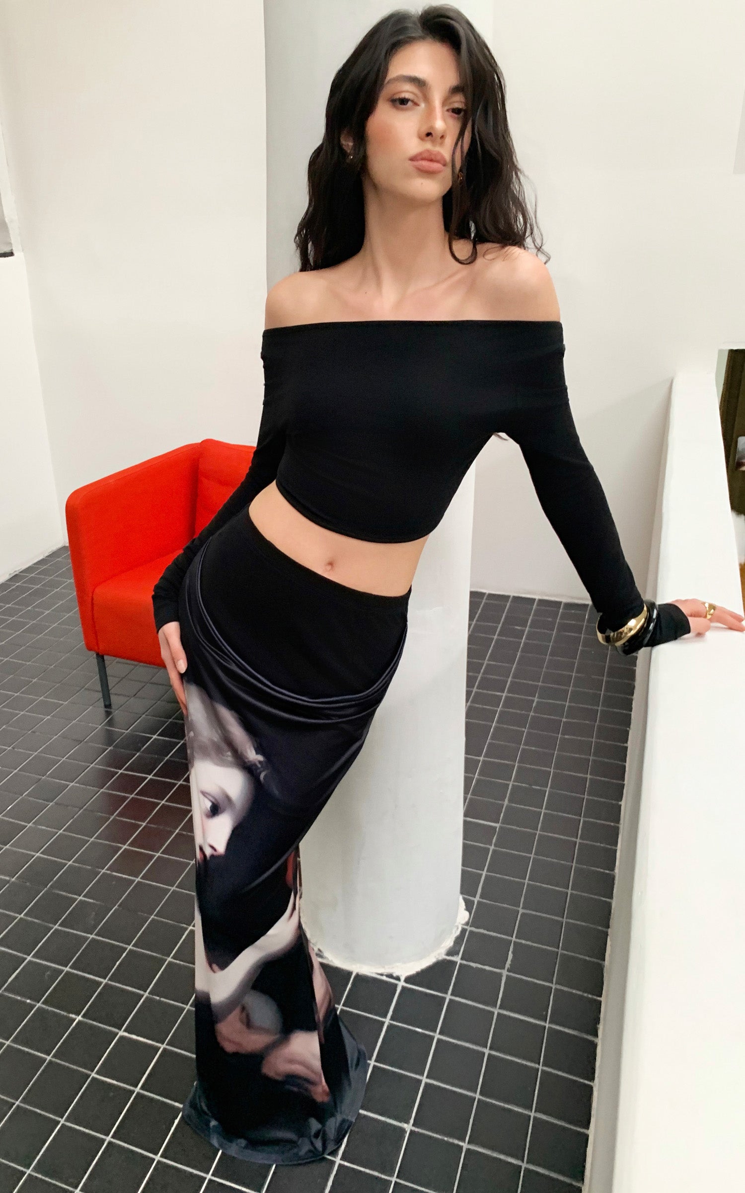 0122stepll Renaissance Portrait Print Draped Maxi Skirt