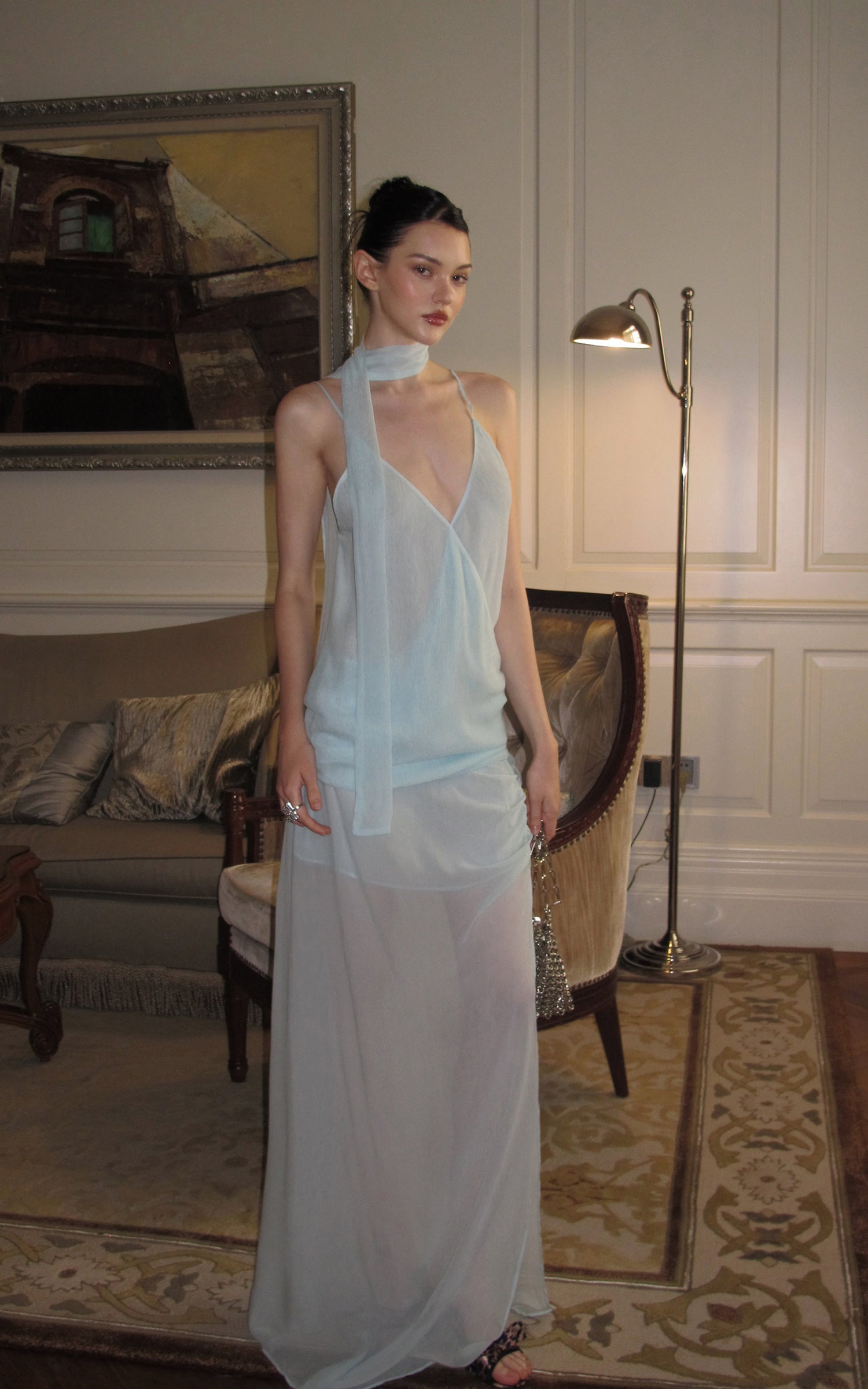 0122stepll Draped Halter Cami Top &amp; Midi Skirt Set