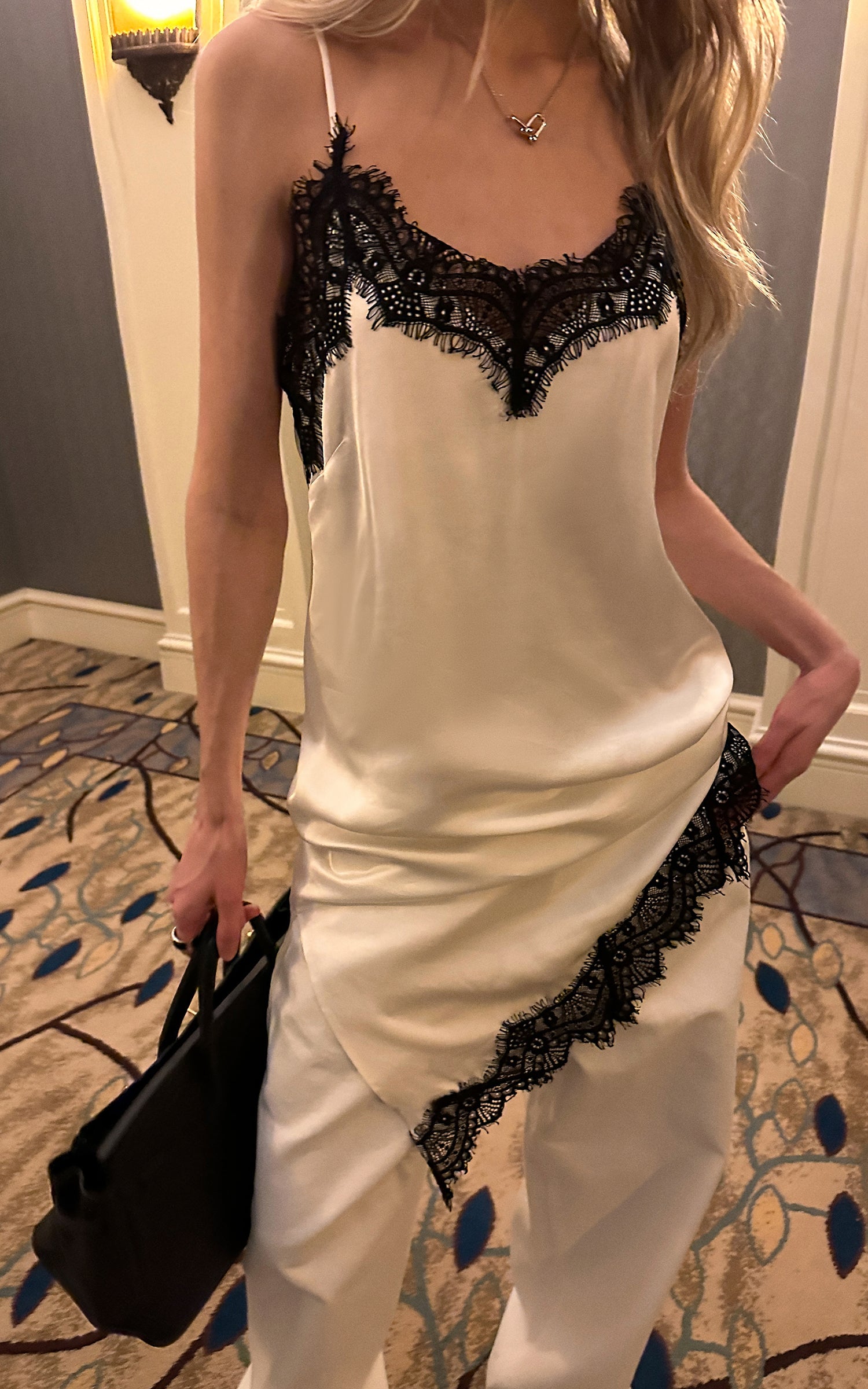 0122stepll Lace-Trim Asymmetric Satin Slip Dress