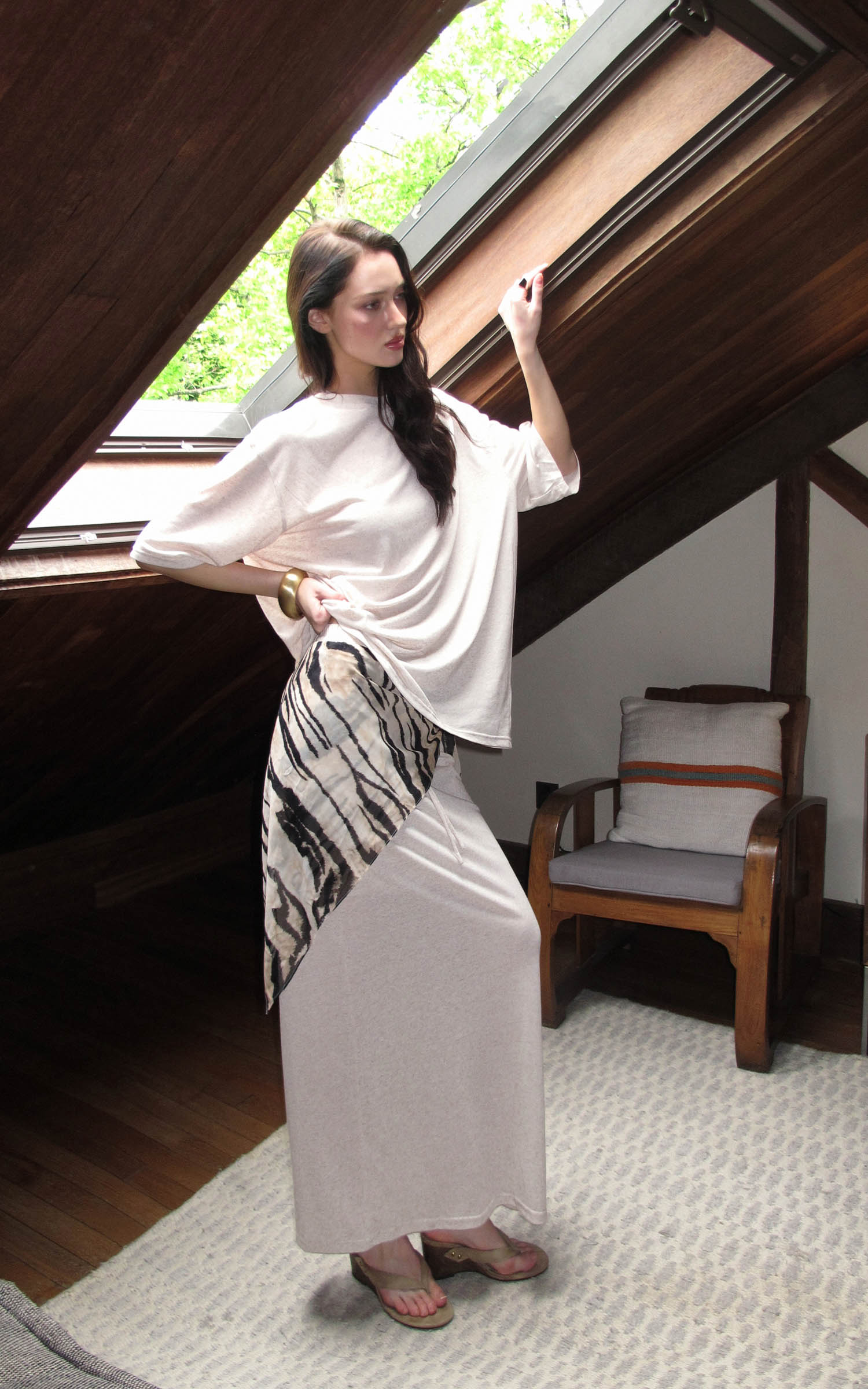0122stepll Zebra Scarf Oversized Tee &amp; Drawstring Maxi Skirt Lounge Set