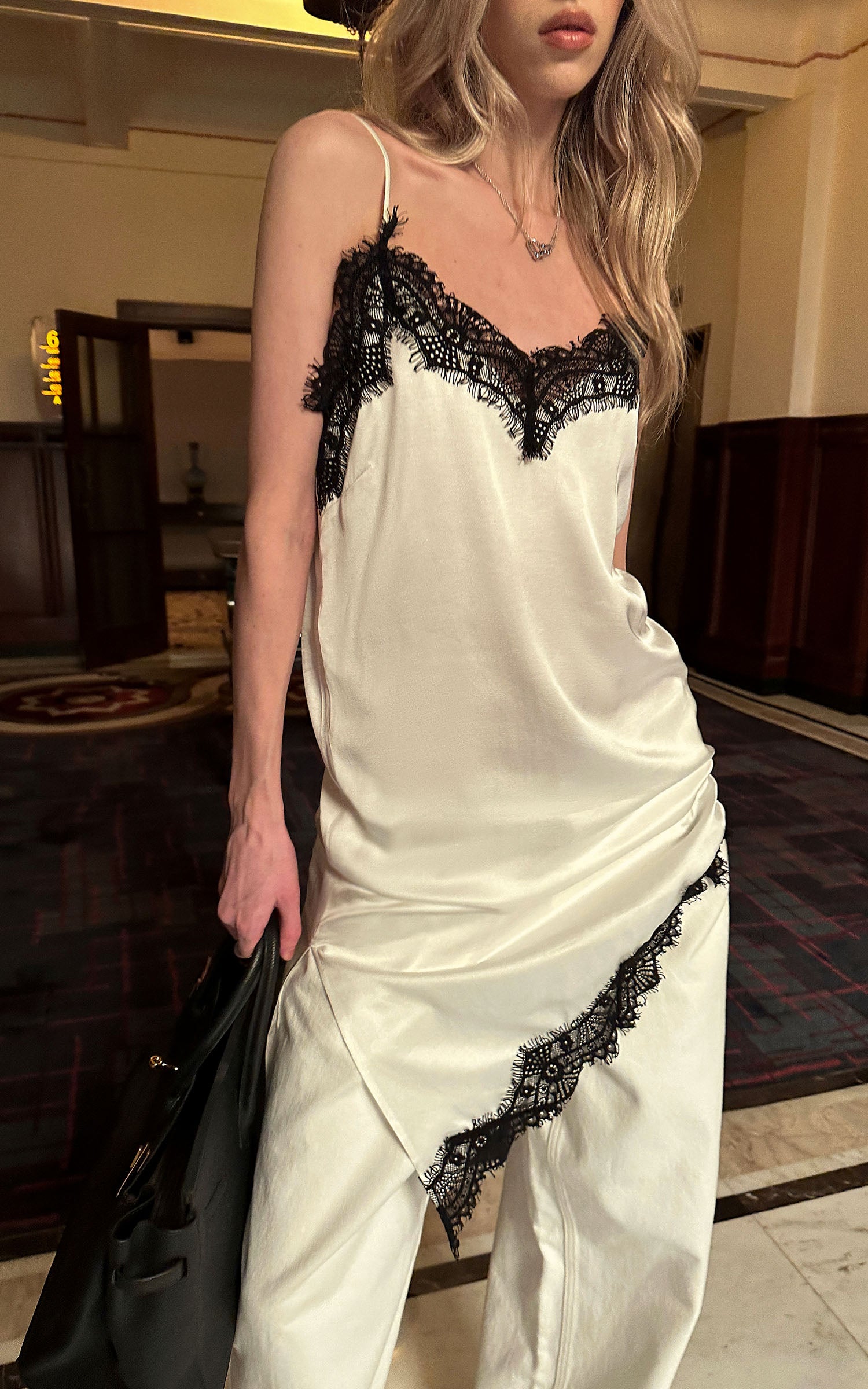 0122stepll Lace-Trim Asymmetric Satin Slip Dress