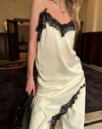 0122stepll Lace-Trim Asymmetric Satin Slip Dress