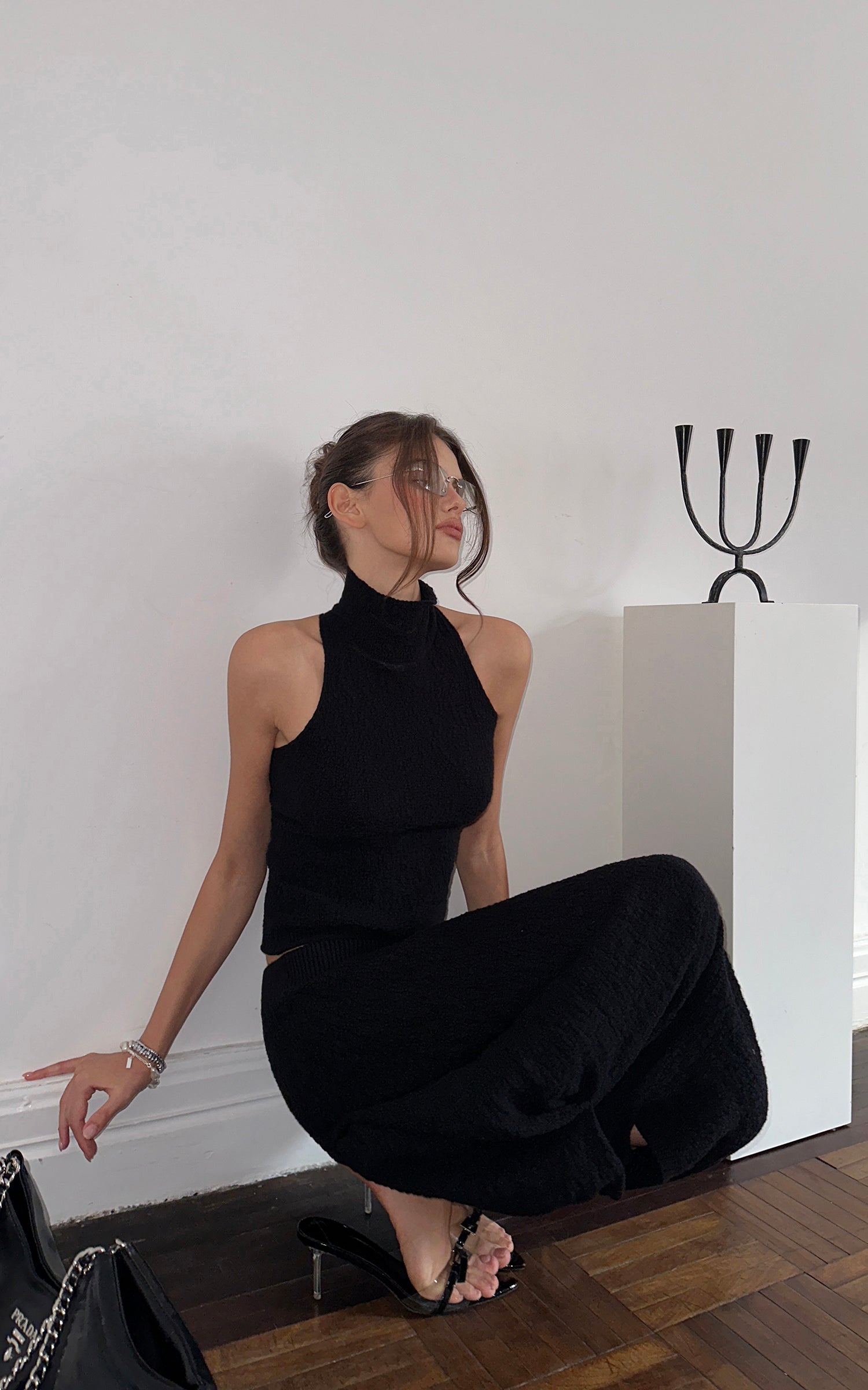 0122stepll Ensemble haut en maille torsadée à col licou &amp; jupe midi