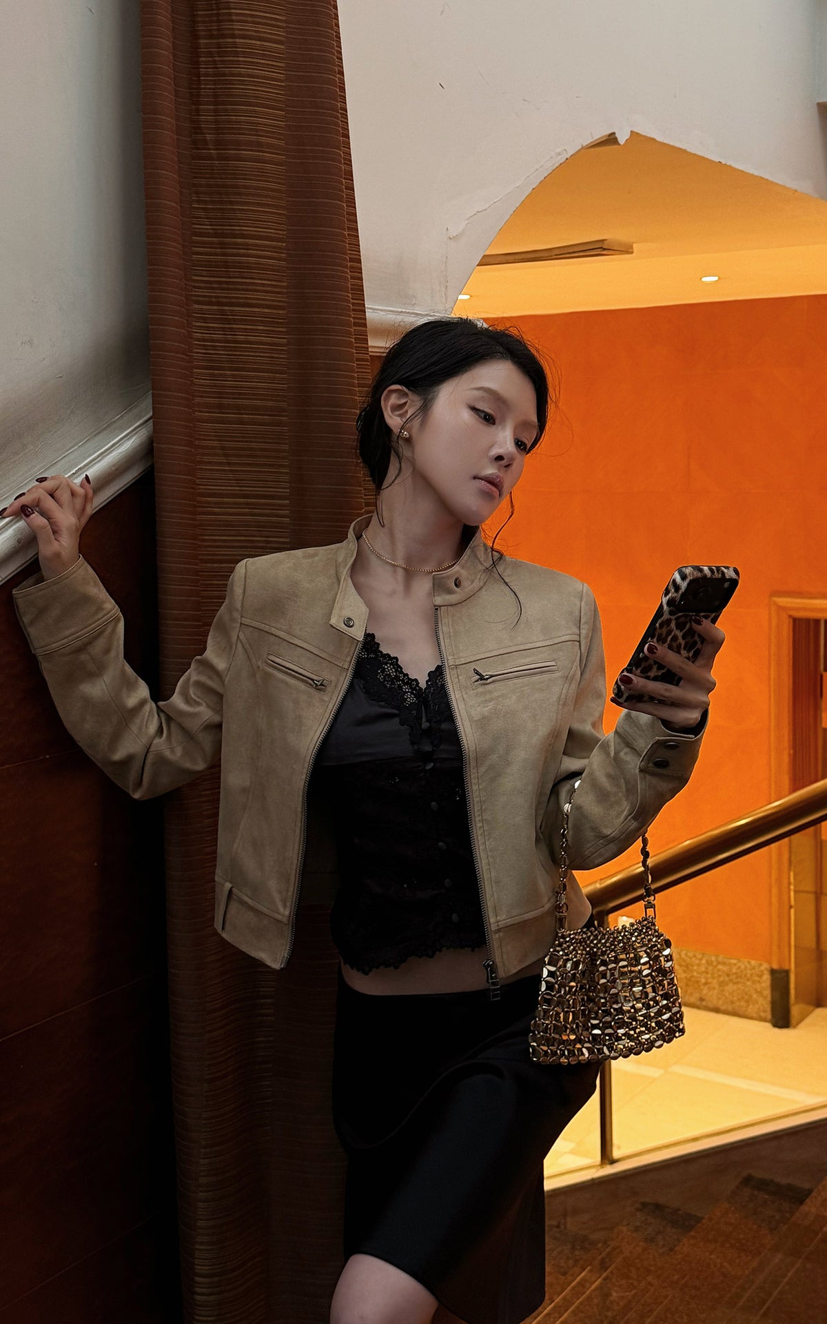 Hydrae Sand Suede Moto Cropped Jacket with Sculpted Paneling and Metal Zip Details