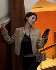 Hydrae Sand Suede Moto Cropped Jacket with Sculpted Paneling and Metal Zip Details