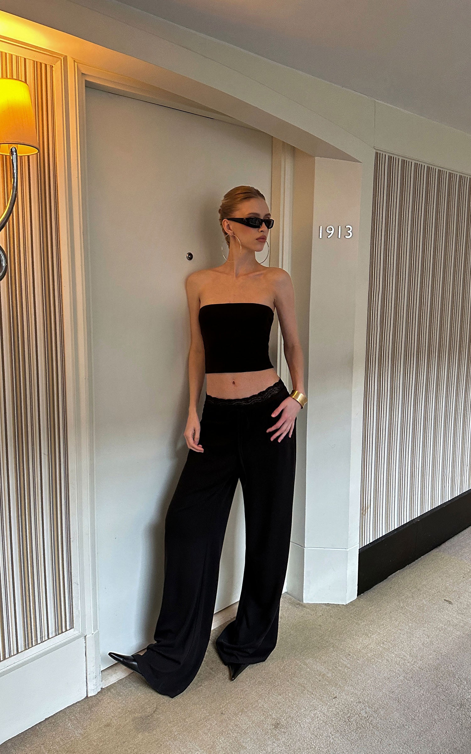 0122stepll Strapless Tube Top &amp; Lace Waist Wide-Leg Pants Set