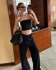 0122stepll Strapless Tube Top & Lace Waist Wide-Leg Pants Set