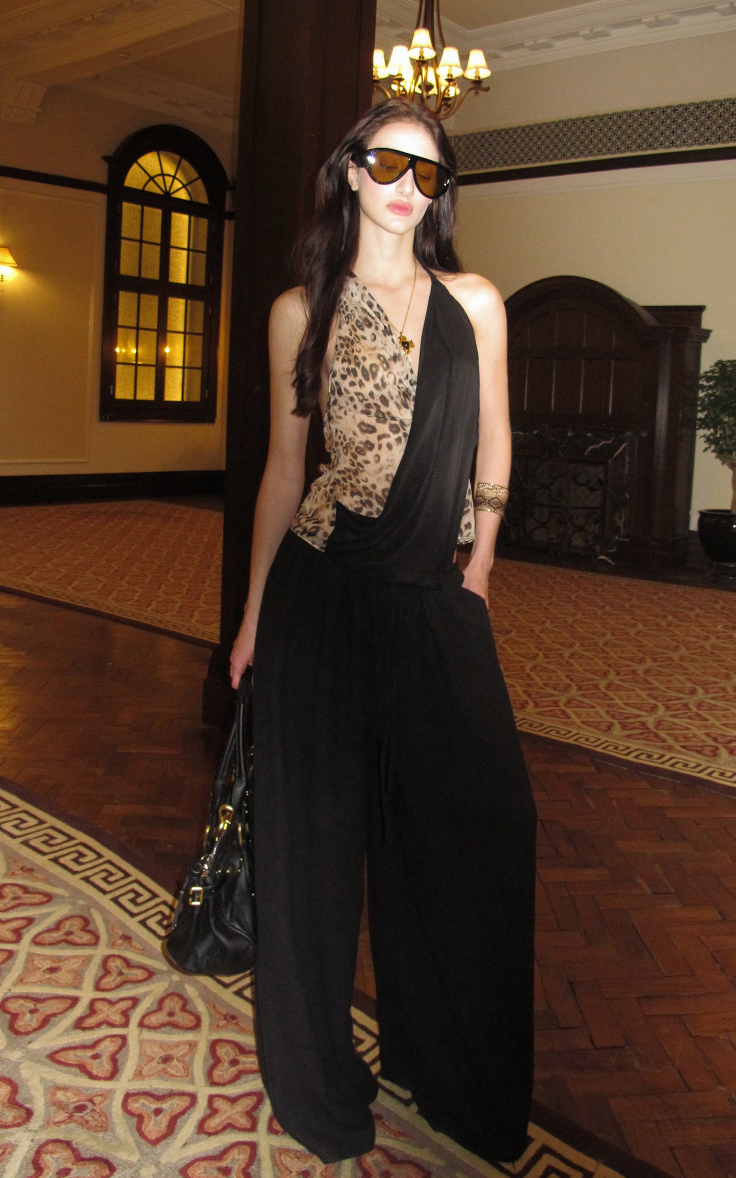 0122stepll Leopard Contrast Draped Halter Top