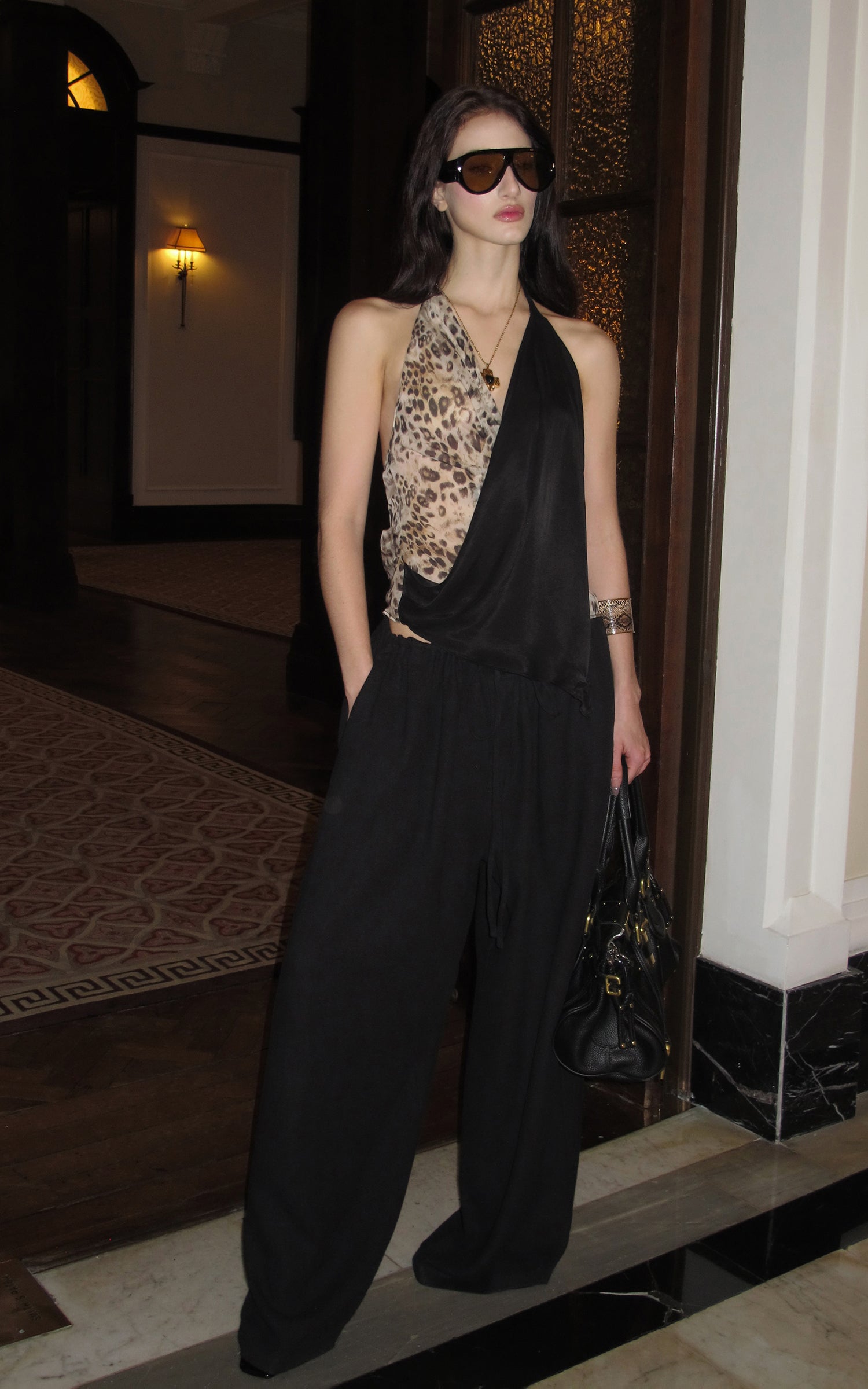 0122stepll Leopard Contrast Draped Halter Top