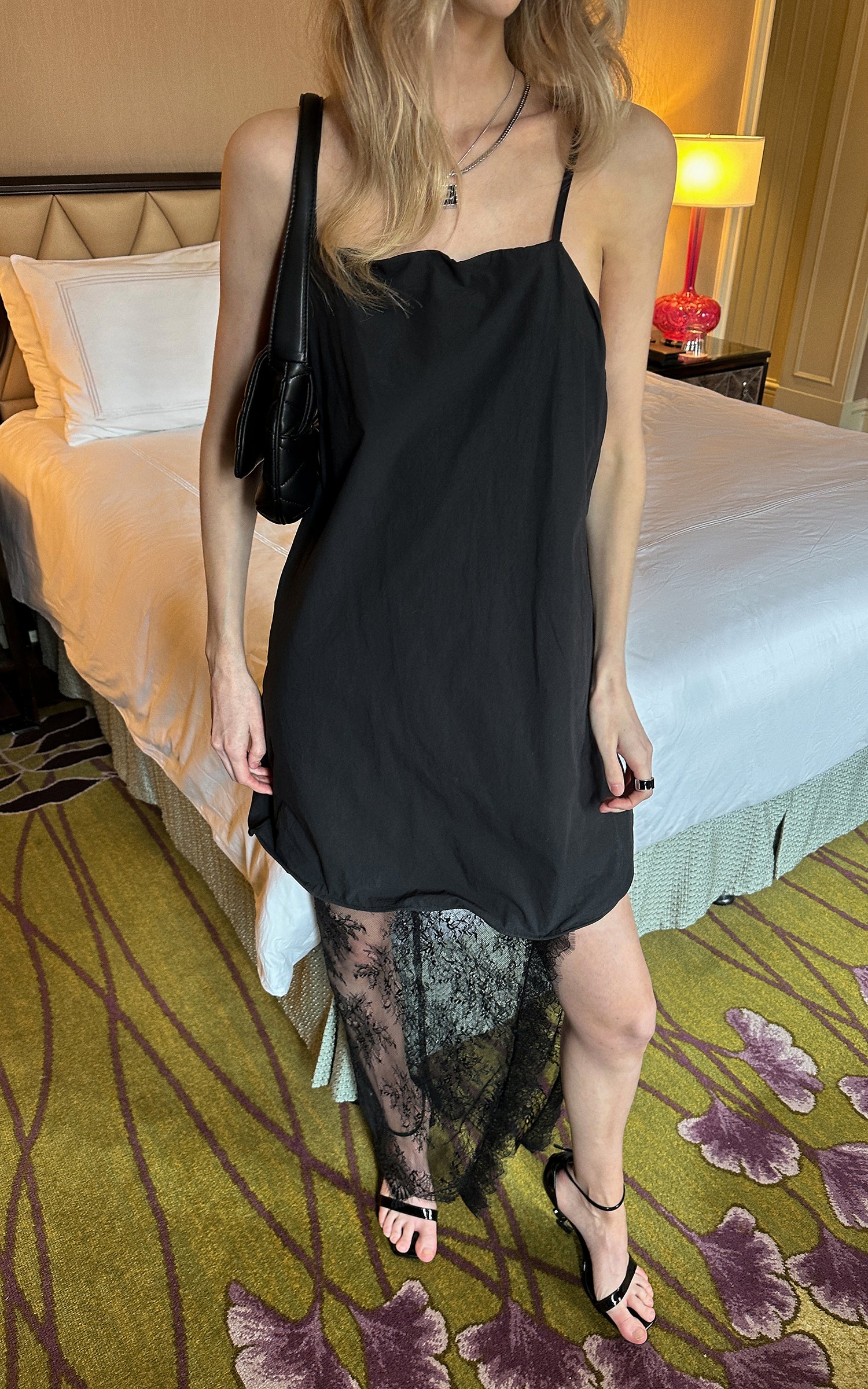 0122stepll Scarf Slip Dress &amp; Sheer Lace Skirt Set