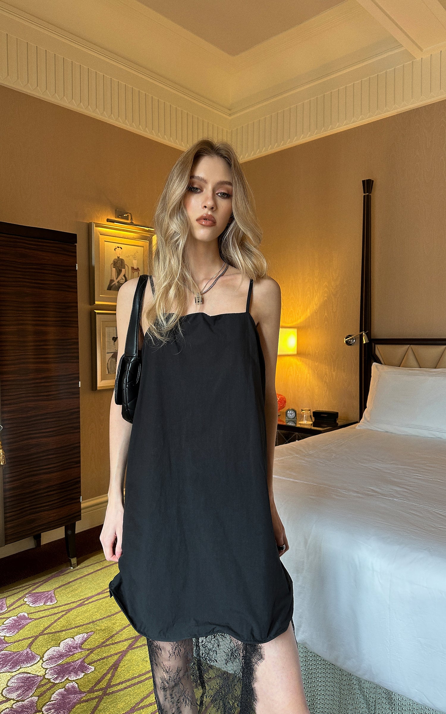 0122stepll Scarf Slip Dress &amp; Sheer Lace Skirt Set