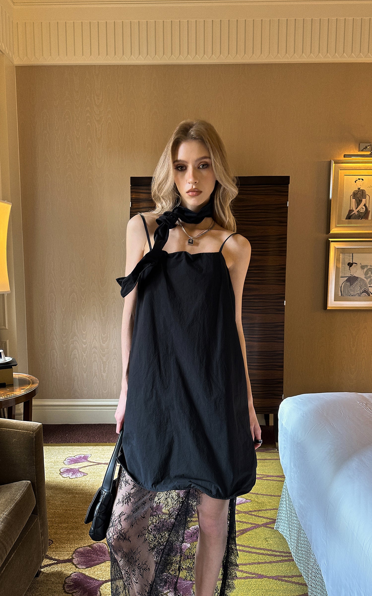 0122stepll Scarf Slip Dress &amp; Sheer Lace Skirt Set