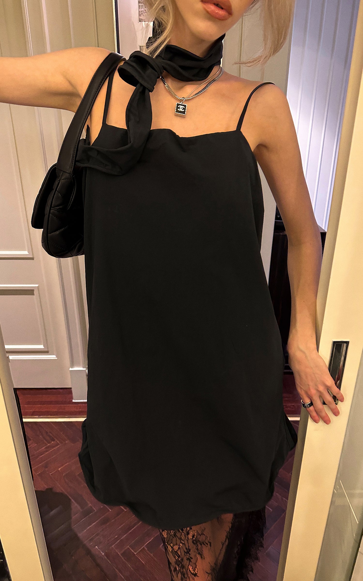 0122stepll Scarf Slip Dress &amp; Sheer Lace Skirt Set