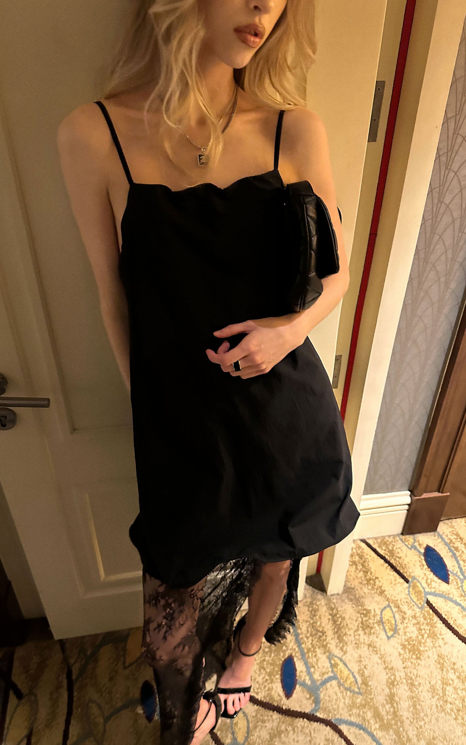 0122stepll Scarf Slip Dress &amp; Sheer Lace Skirt Set