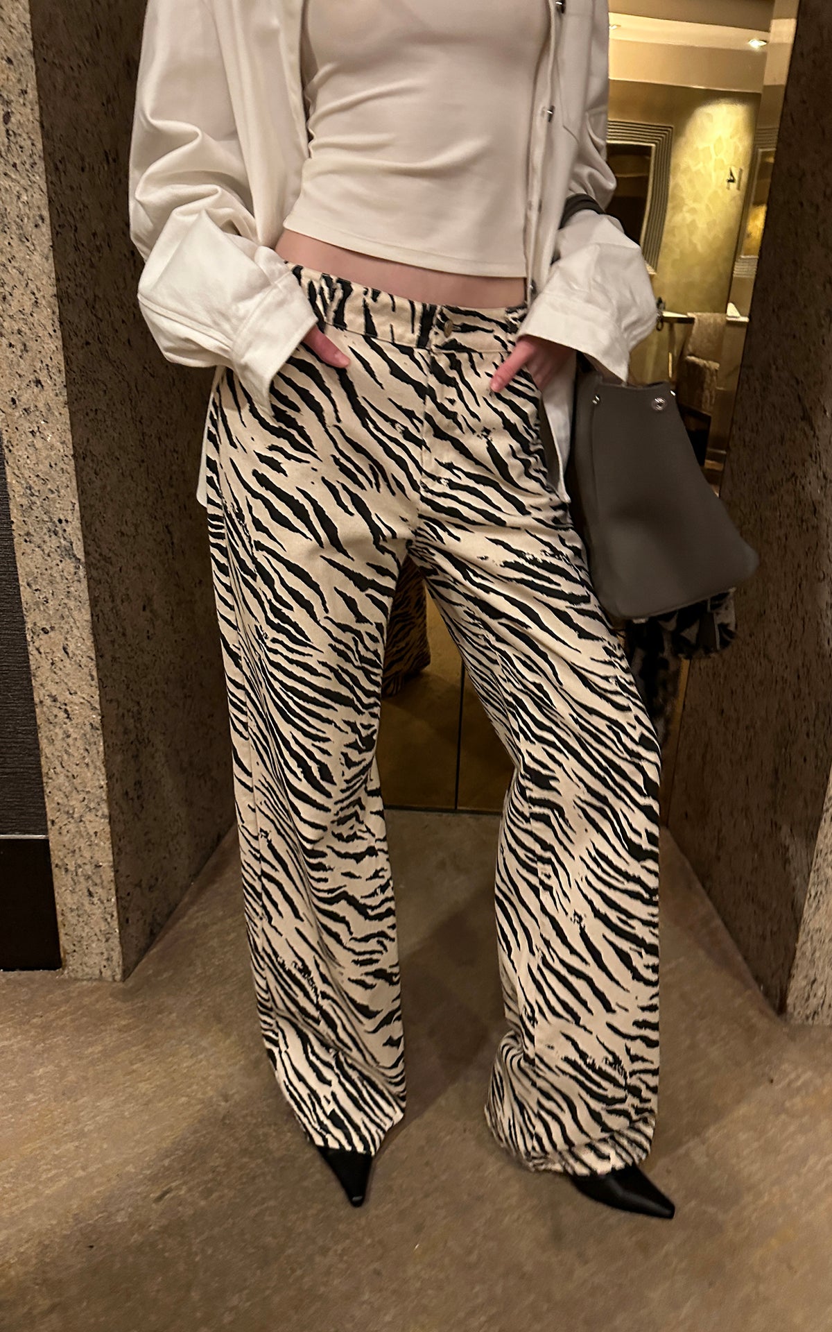 0122stepll Zebra Print Low-Rise Wide-Leg Denim Pants