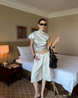 0122stepll Asymmetric Drape Stripe Satin Top
