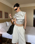 0122stepll Pleated Wide-Leg Capri Pants