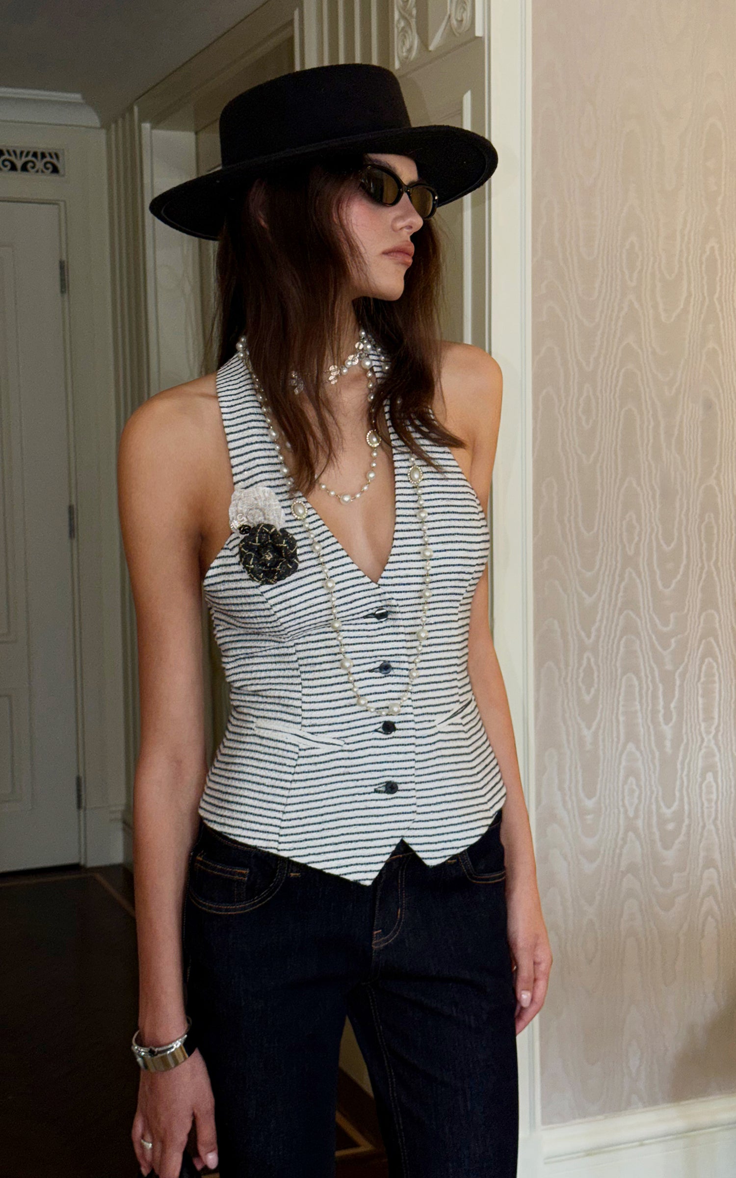 0122stepll Striped Halter Tailored Knit Vest