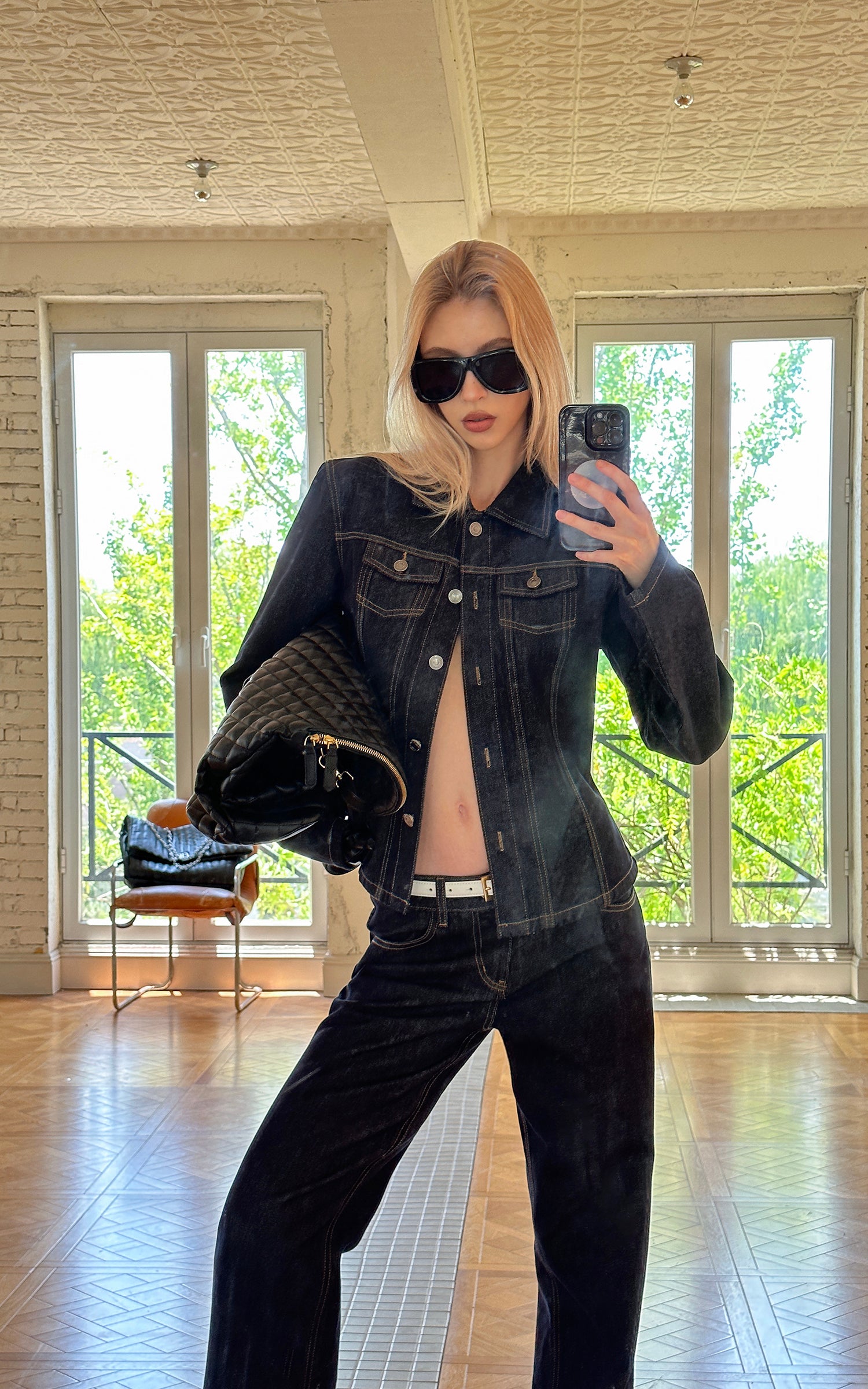0122stepll Veste en jean sculptée &amp; Ensemble jean droit taille basse