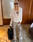 0122stepll Zebra Print Low-Rise Wide-Leg Denim Pants