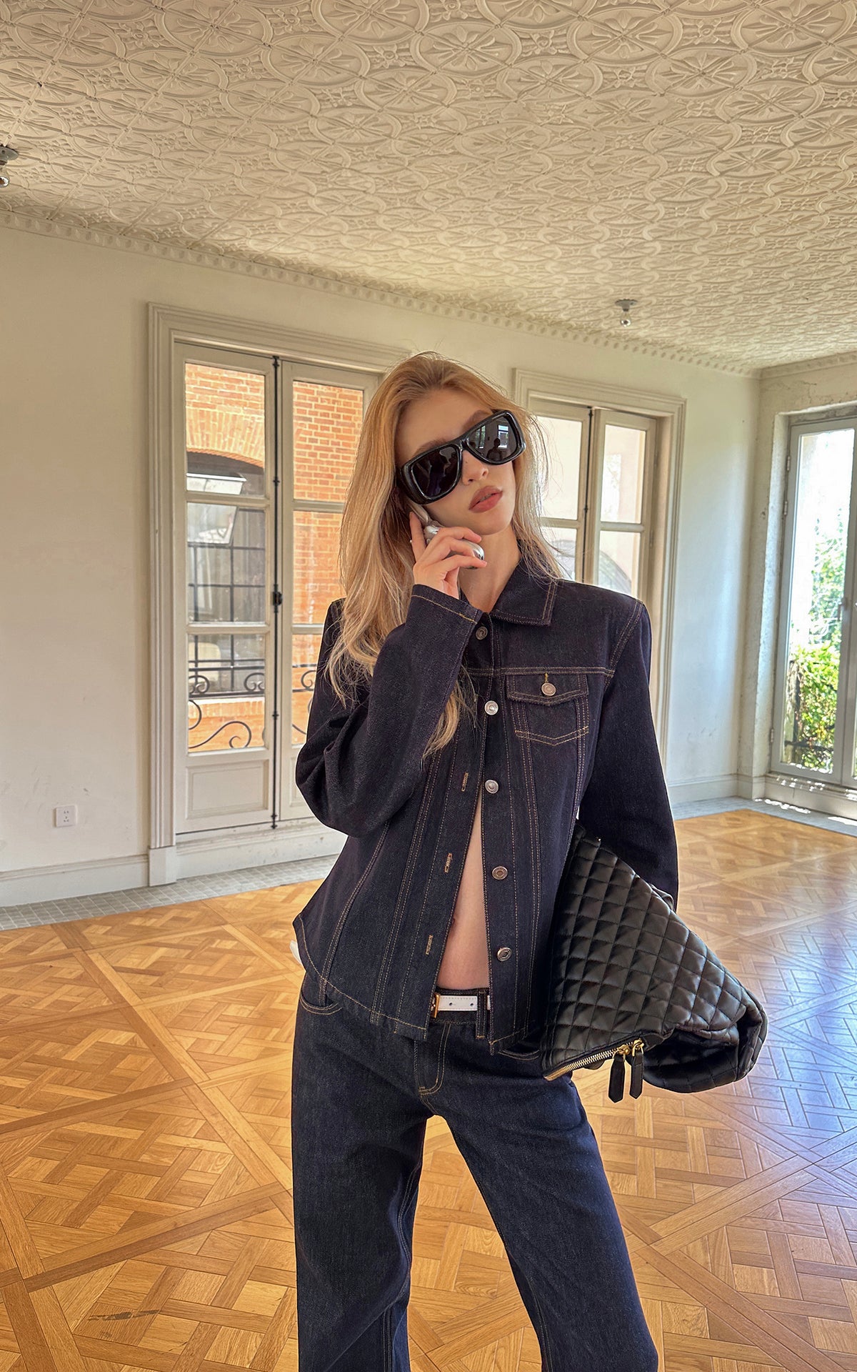0122stepll Veste en jean sculptée &amp; Ensemble jean droit taille basse