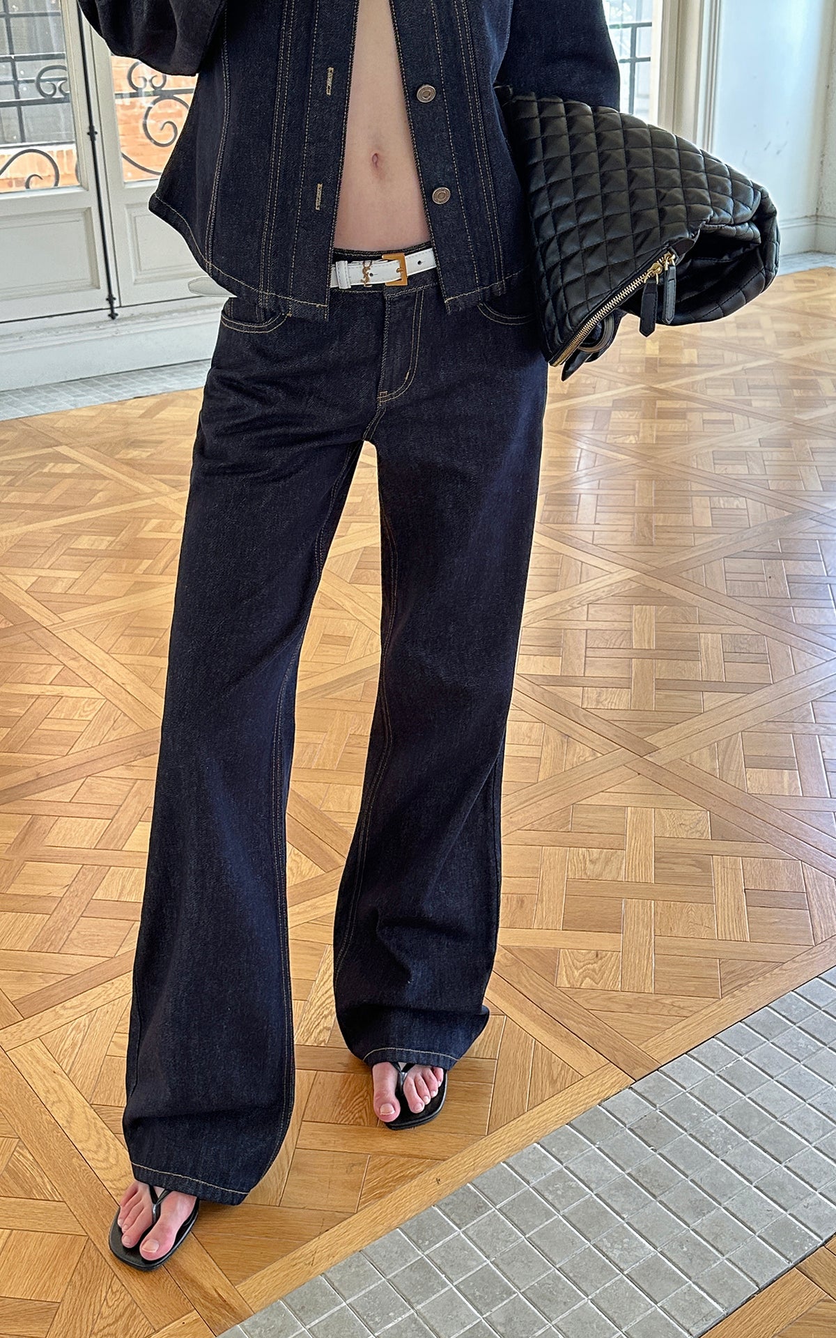 0122stepll Veste en jean sculptée &amp; Ensemble jean droit taille basse