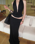 0122stepll Haut halter à décolleté plongeant & Ensemble jupe maxi à taille basse