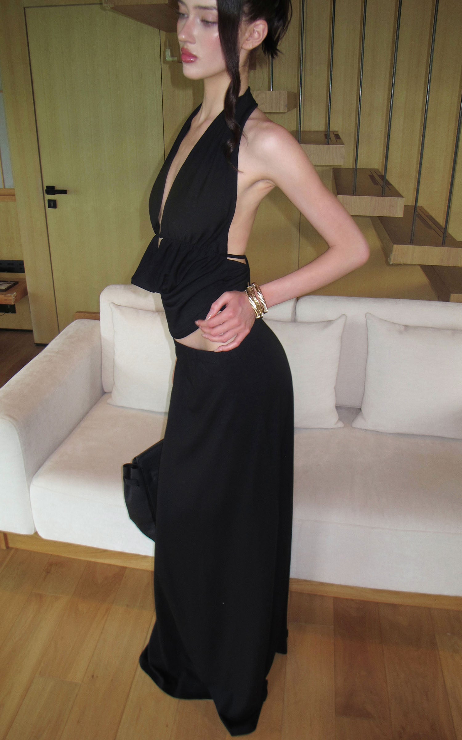 0122stepll Haut halter à décolleté plongeant &amp; Ensemble jupe maxi à taille basse