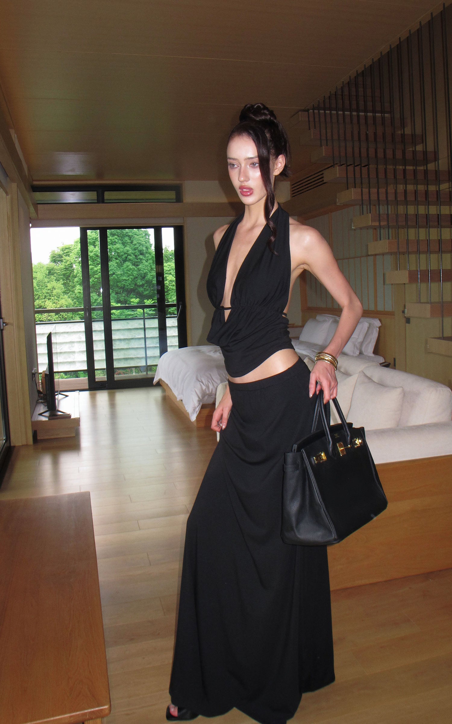 0122stepll Haut halter à décolleté plongeant &amp; Ensemble jupe maxi à taille basse