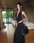 0122stepll Haut halter à décolleté plongeant & Ensemble jupe maxi à taille basse