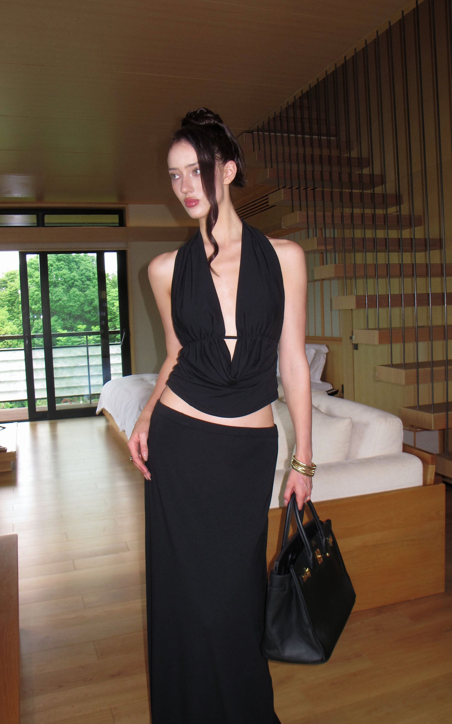 0122stepll Haut halter à décolleté plongeant &amp; Ensemble jupe maxi à taille basse