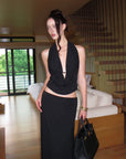 0122stepll Haut halter à décolleté plongeant & Ensemble jupe maxi à taille basse