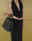 0122stepll Haut halter à décolleté plongeant & Ensemble jupe maxi à taille basse