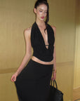 0122stepll Haut halter à décolleté plongeant & Ensemble jupe maxi à taille basse