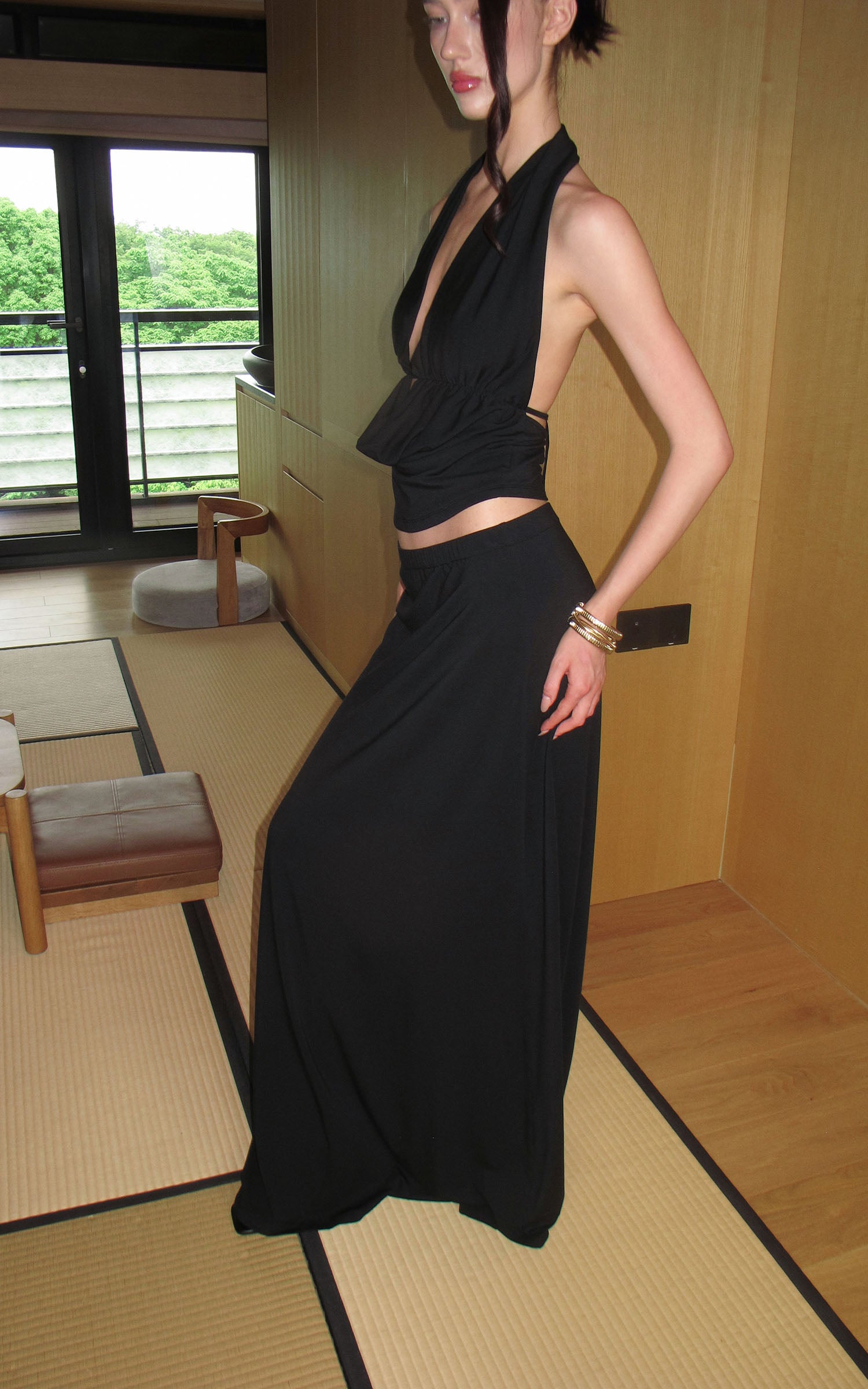 0122stepll Haut halter à décolleté plongeant &amp; Ensemble jupe maxi à taille basse